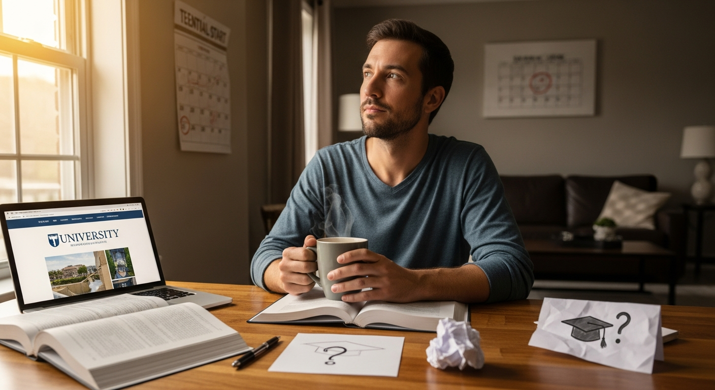 An adult learner at a desk with books and a laptop, considering returning to school